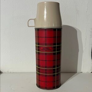 VINTAGE 1970s Thermos Red Plaid Bottle with Beige Lid
